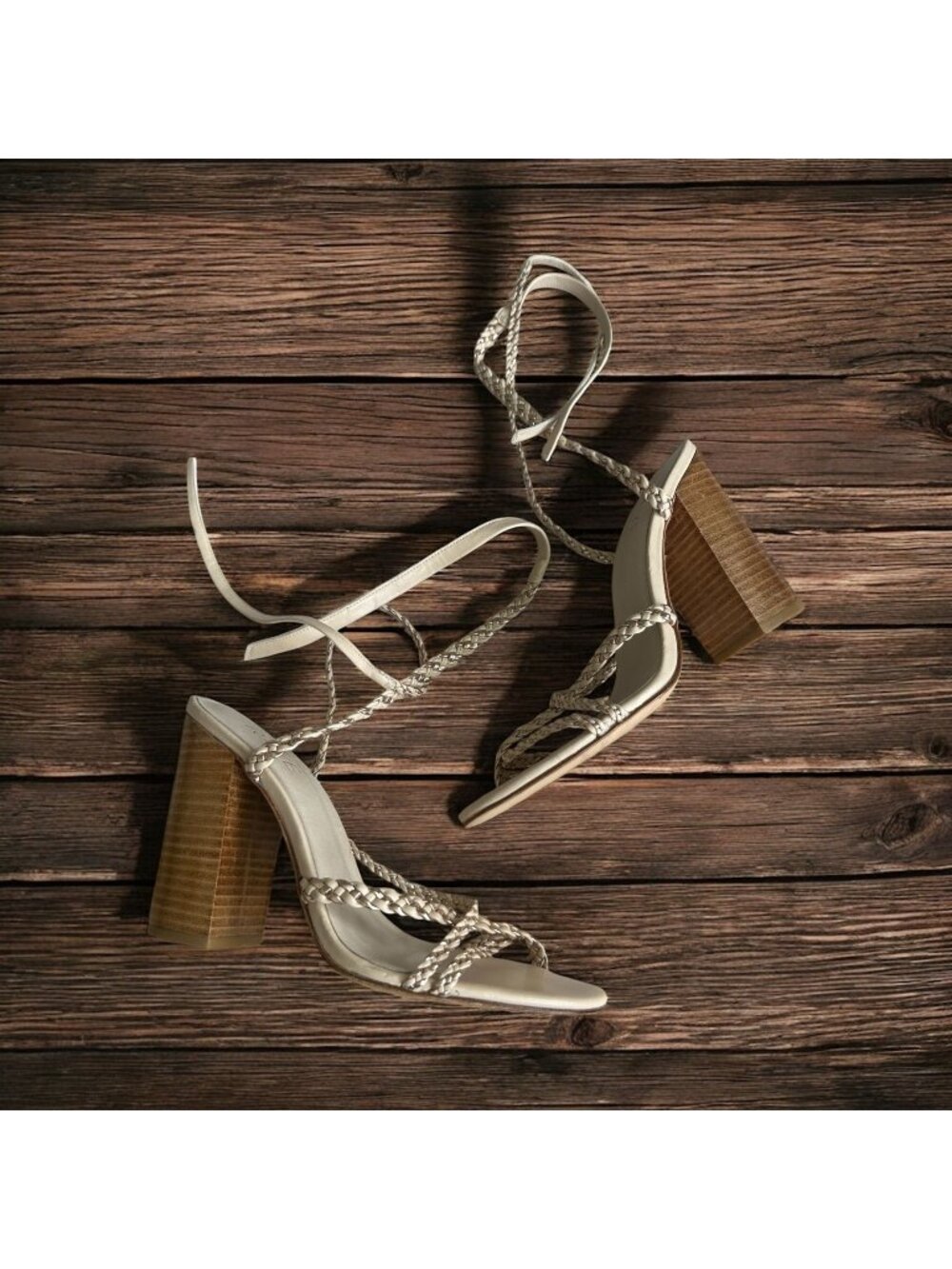 RAYE Gold Beige Braided Leather Laceup Heels Sandals Size 8